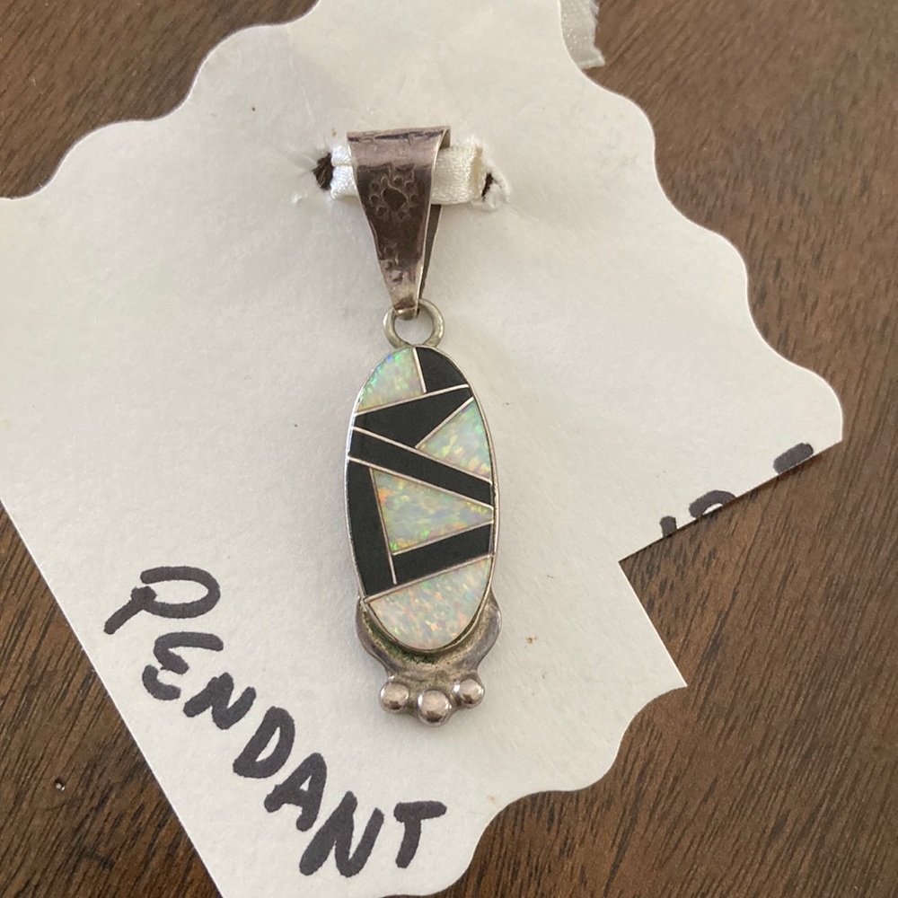Beautiful Zuni opal and onyx sterling silver pendant signed CE marked sterling